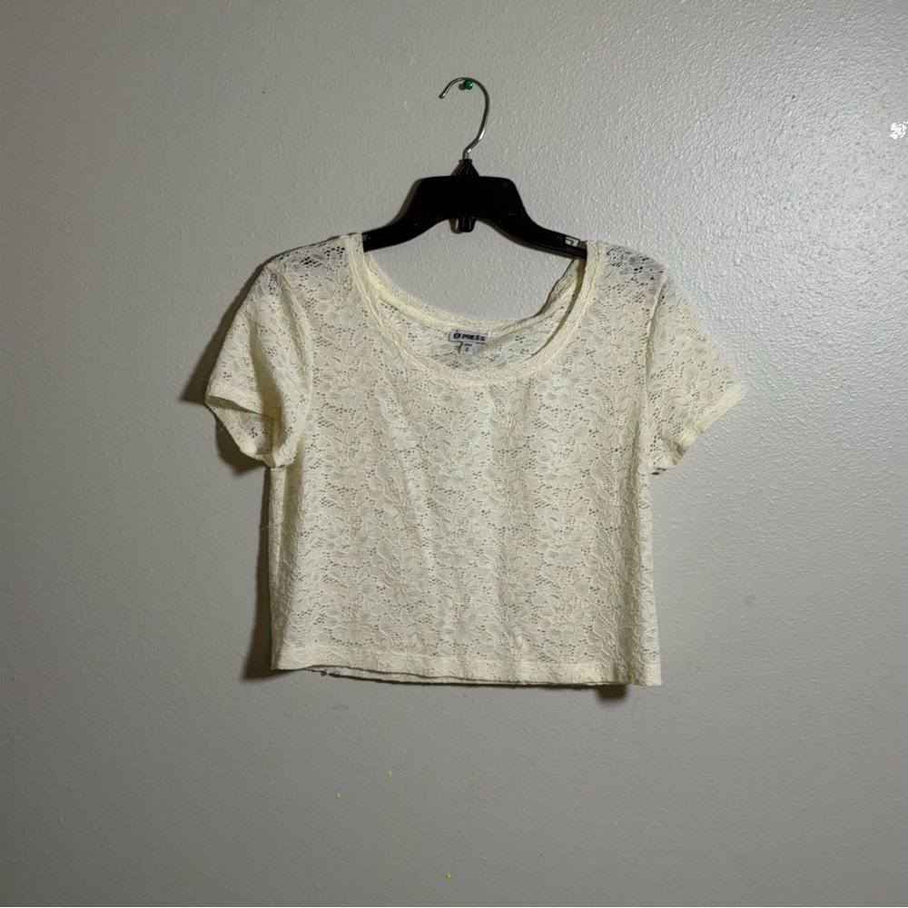 Express Women White/Cream Lace Preppy Cropped Top Embroidered size M
